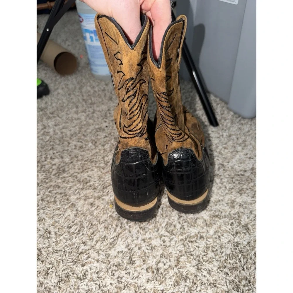 Ariat Brown Black Croc Leather Cowboy Boots Square Toe Size 3.5 Style 10023073